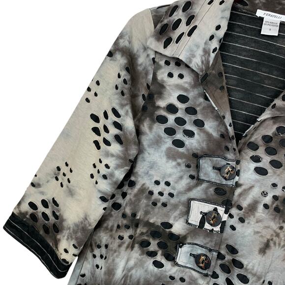 Feratelli Jacket Grey Black Button Front Top 3/4 Sleeve Women's S Artsy Boho - Picture 4 of 11